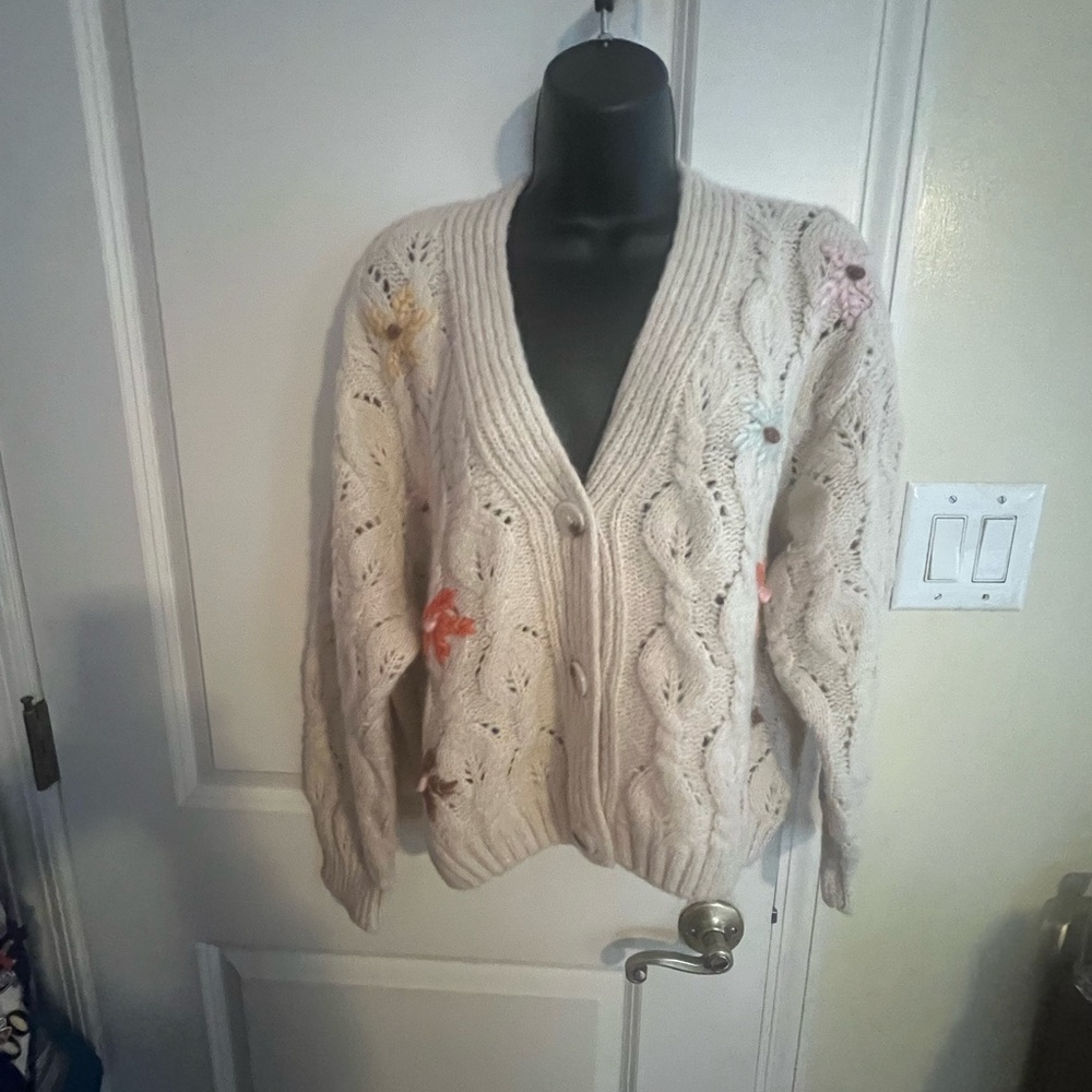 Lush Beige Cable Knit Cardigan with Colorful Embroidery